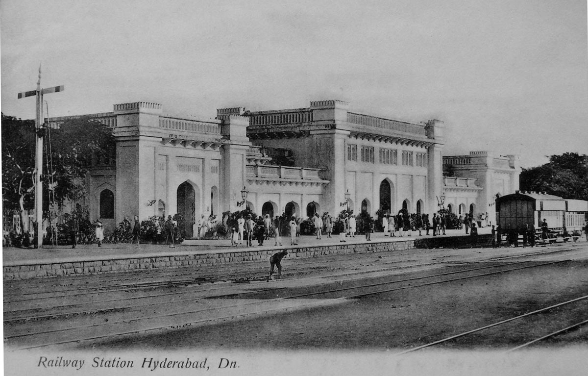 Historic monochrome photograph of Hyderabad Deccan railway station by Lala Deen Dayal